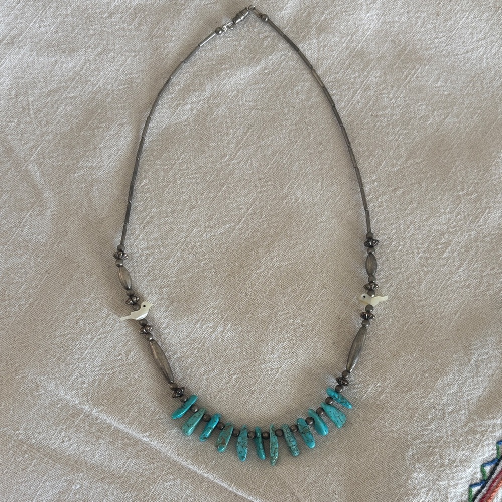 VTG Sterling silver with turquoise necklace carved MOP birds